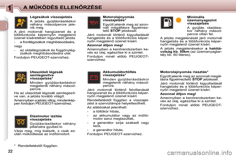 Peugeot 307 Break 2007.5  Kezelési útmutató (in Hungarian) �A� �MB�K�Ö�D�É�S� �E�L�L�E�N4�R�Z�É�S�E
   Motorolajnyomás  
�v�i�s�s�z�a�j�e�l�z�é�s� �*� �  
� �E�g�y�ü�t�t� �j�e�l�e�n�i�k� �m�e�g� �a�z� �a�z�o�n�- 
�n�a�l�i�  �m�e�g�á�l�l�á�s�r�a�  �