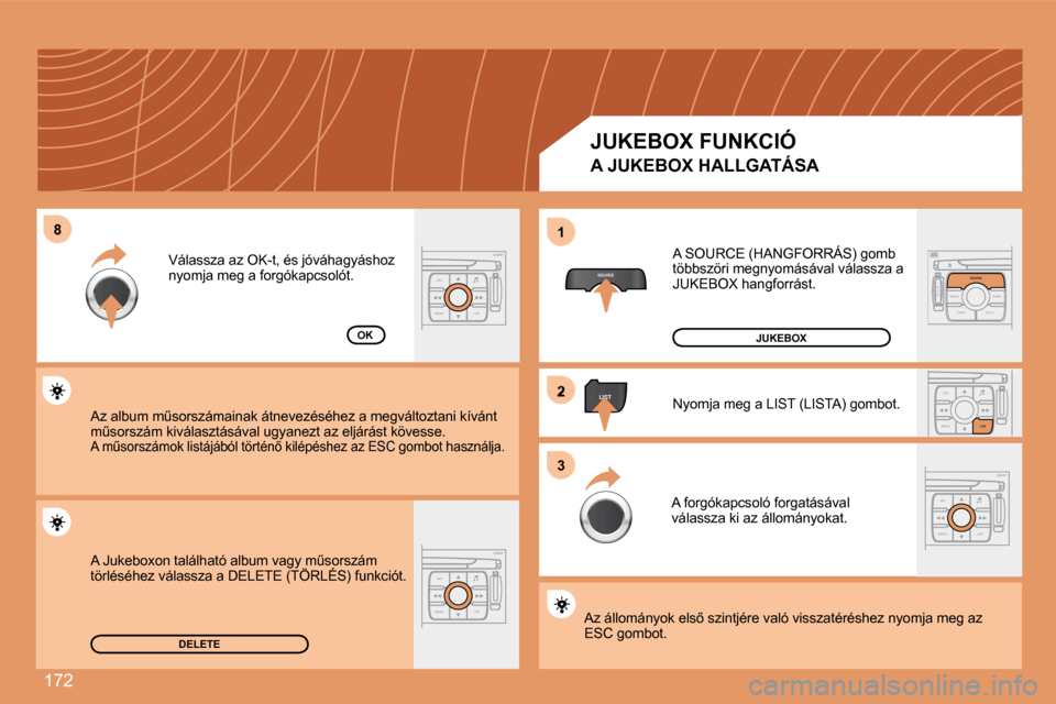 Peugeot 307 Break 2007.5  Kezelési útmutató (in Hungarian) �1�7�2
�8�8
SOURCE
2
ESC
MENU LIST
LIST
ESC
MENU LIST
S
O S SOURCE
MODE BAND TPT
A  Y
DARKSOURCE
ESC
MENU LIST
LIST
ESC
MENU LIST
11
33
DELETE 
OK
� �A� �S�O�U�R�C�E� �(�H�A�N�G�F�O�R�R�Á�S�)� �g�o�m