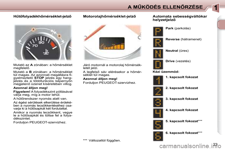 Peugeot 307 Break 2007.5  Kezelési útmutató (in Hungarian) �A� �MB�K�Ö�D�É�S� �E�L�L�E�N4�R�Z�É�S�E
�2�3
� � � �HC�t5�f�o�l�y�a�d�é�k�h5�m�é�r�s�é�k�l�e�t�-�j�e�l�z5 � � � �M�o�t�o�r�o�l�a�j�h5�m�é�r�s�é�k�l�e�t�-�j�e�l�z5� 
� � �M�u�t�a�t�ó�