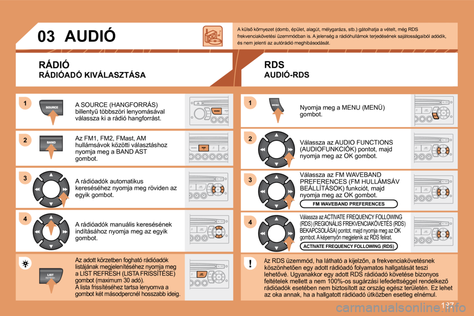 Peugeot 307 Break 2007.5  Kezelési útmutató (in Hungarian) 187
11
22
33
44
22
44
33
11
03 AUDIÓ 
RÁDIÓ
RÁDIÓADÓ KIVÁLASZTÁSA
�A� �S�O�U�R�C�E� �(�H�A�N�G�F�O�R�R�Á�S�)� �b�i�l�l�e�n�t�yC� �t�ö�b�b�s�z�ö�r�i� �l�e�n�y�o�m�á�s�á�v�a�l� �v�á�l�a�s