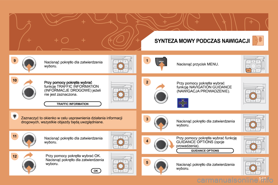 Peugeot 307 Break 2007.5  Instrukcja Obsługi (in Polish) 161
ESC
MENU LISTESC
MENU LIST
MENU�9�9
1010
1111
1212
11
22
33
44
55
ESC
LIST
MENU
ESC
MENU LISTESC
MENU LIST
ESC
MENU LIST
ESC
MENU LISTESC
MENU LIST
ESC
MENU LIST
�f�u�n�k�c�j
� �T�R�A�F�F�I�C� �I