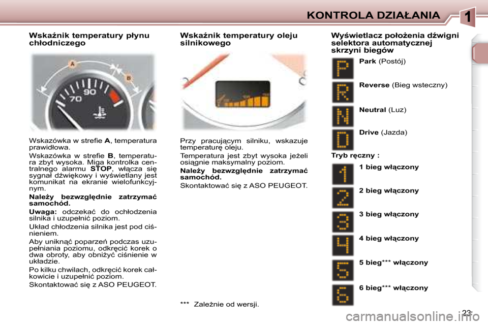 Peugeot 307 Break 2007.5  Instrukcja Obsługi (in Polish) �K�O�N�T�R�O�L�A� �D�Z�I�A�Ł�A�N�I�A
�2�3
� � � �W�s�k�aE�n�i�k� �t�e�m�p�e�r�a�t�u�r�y� �p�ł�y�n�u�  
�c�h�ł�o�d�n�i�c�z�e�g�o� � � � �W�s�k�aE�n�i�k� �t�e�m�p�e�r�a�t�u�r�y� �o�l�e�j�u� 
�s�i�l