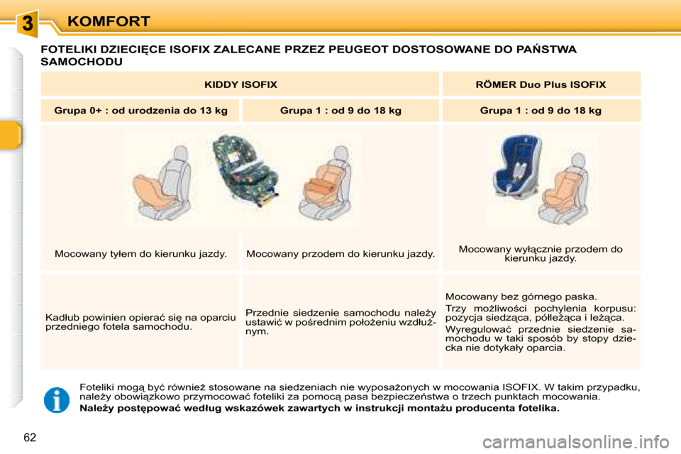 Peugeot 307 Break 2007.5  Instrukcja Obsługi (in Polish) KOMFORT
�6�2
� �F�o�t�e�l�i�k�i� �m�o�g"� �b�y�ć� �r�ó�w�n�i�eG� �s�t�o�s�o�w�a�n�e� �n�a� �s�i�e�d�z�e�n�i�a�c�h� �n�i�e� �w�y�p�o�s�aG�o�n�y�c�h� �w� �m�o�c�o�w�a�n�i�a� �I�S�O�F�I�X�.� �W� �t�