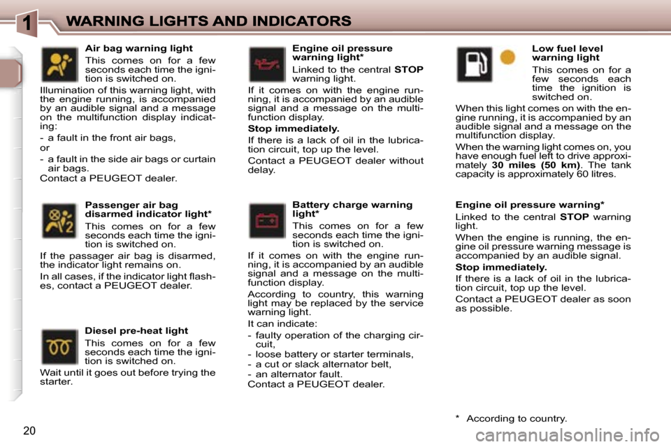 Peugeot 307 Break 2007 User Guide �2�0
�E�n�g�i�n�e� �o�i�l� �p�r�e�s�s�u�r�e� �w�a�r�n�i�n�g� �l�i�g�h�t�*� 
�L�i�n�k�e�d� �t�o� �t�h�e� �c�e�n�t�r�a�l� �S�T�O�P�w�a�r�n�i�n�g� �l�i�g�h�t�.
�I�f�  �i�t�  �c�o�m�e�s�  �o�n�  �w�i�t�h�
