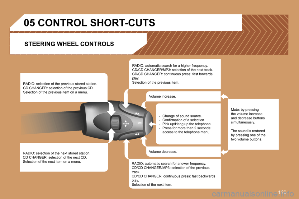 Peugeot 307 Break 2007  Owners Manual �1�8�9
�R�A�D�I�O�:� �s�e�l�e�c�t�i�o�n� �o�f� �t�h�e� �n�e�x�t� �s�t�o�r�e�d� �s�t�a�t�i�o�n�.�C�D� �C�H�A�N�G�E�R�:� �s�e�l�e�c�t�i�o�n� �o�f� �t�h�e� �n�e�x�t� �C�D�.�S�e�l�e�c�t�i�o�n� �o�f� �t�h�