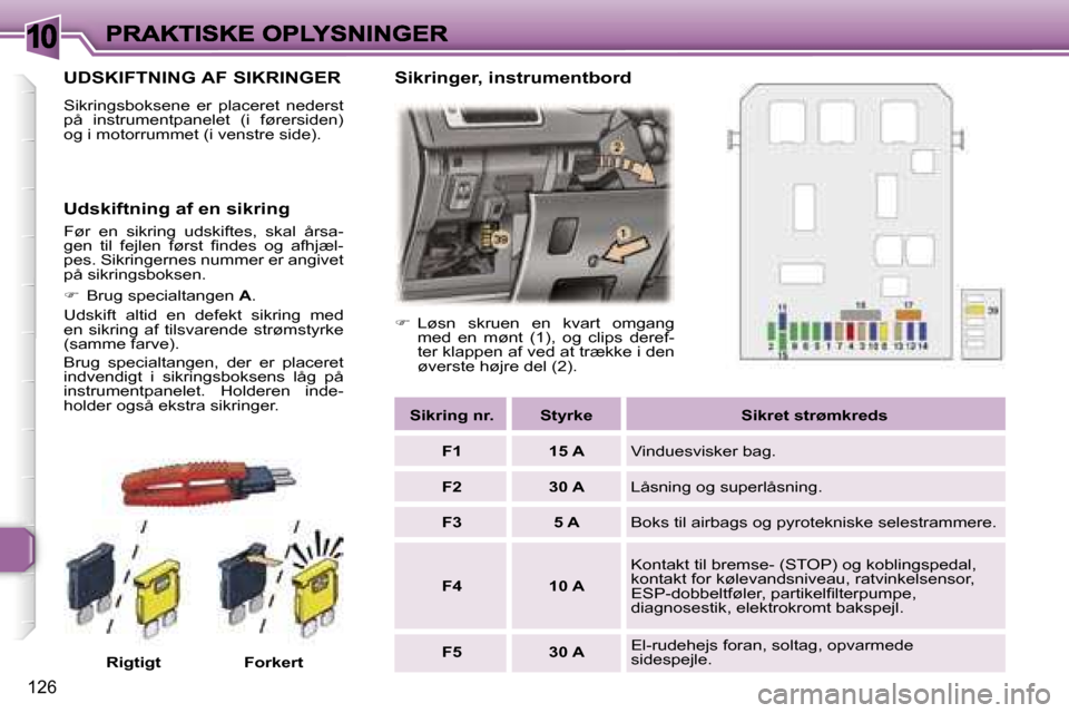 Peugeot 307 Break 2007  Instruktionsbog (in Danish) �1�0
�1�2�6
�U�D�S�K�I�F�T�N�I�N�G� �A�F� �S�I�K�R�I�N�G�E�R
�S�i�k�r�i�n�g�s�b�o�k�s�e�n�e�  �e�r�  �p�l�a�c�e�r�e�t�  �n�e�d�e�r�s�t� �p�å�  �i�n�s�t�r�u�m�e�n�t�p�a�n�e�l�e�t�  �(�i�  �f�ø�r�e�r�