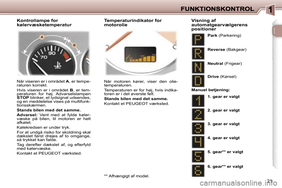 Peugeot 307 Break 2007  Instruktionsbog (in Danish) �2�1
�K�o�n�t�r�o�l�l�a�m�p�e� �f�o�r� �k�ø�l�e�r�v�æ�s�k�e�t�e�m�p�e�r�a�t�u�r�T�e�m�p�e�r�a�t�u�r�i�n�d�i�k�a�t�o�r� �f�o�r� �m�o�t�o�r�o�l�i�e
�N�å�r� �v�i�s�e�r�e�n� �e�r� �i� �o�m�r�å�d�e�t� 