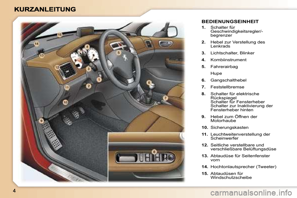 Peugeot 307 Break 2007  Betriebsanleitung (in German) �B�E�D�I�E�N�U�N�G�S�E�I�N�H�E�I�T� 
�1�.�  �S�c�h�a�l�t�e�r� �f�ü�r� �G�e�s�c�h�w�i�n�d�i�g�k�e�i�t�s�r�e�g�l�e�r�/�-�b�e�g�r�e�n�z�e�r� 
�2�.�  �H�e�b�e�l� �z�u�r� �V�e�r�s�t�e�l�l�u�n�g� �d�e�s� �