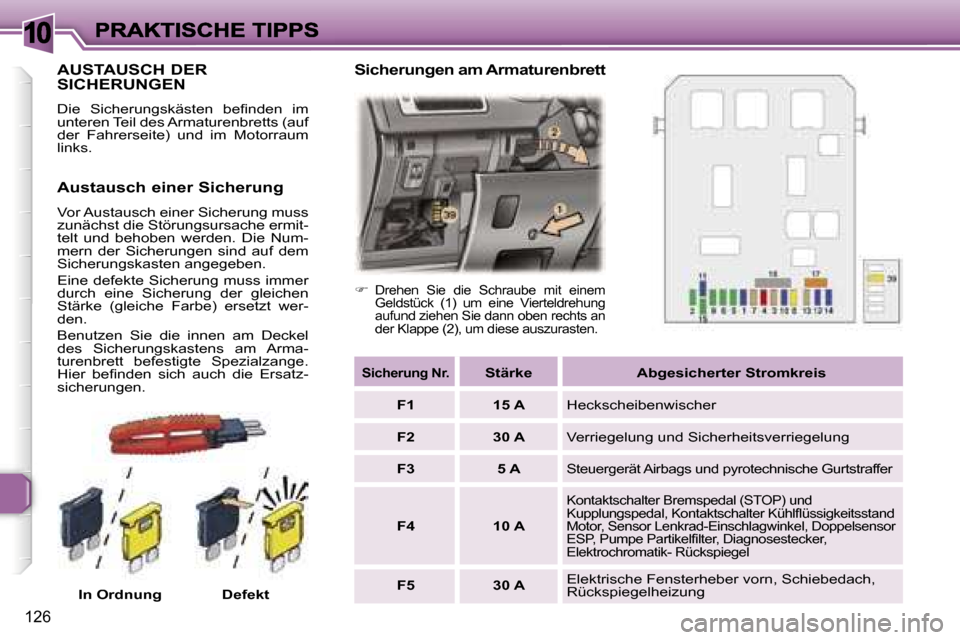 Peugeot 307 Break 2007  Betriebsanleitung (in German) �1�0
�1�2�6
�A�U�S�T�A�U�S�C�H� �D�E�R�  
�S�I�C�H�E�R�U�N�G�E�N
�D�i�e�  �S�i�c�h�e�r�u�n�g�s�k�ä�s�t�e�n�  �b�e�ﬁ�n�d�e�n�  �i�m� �u�n�t�e�r�e�n� �T�e�i�l� �d�e�s� �A�r�m�a�t�u�r�e�n�b�r�e�t�t�s�