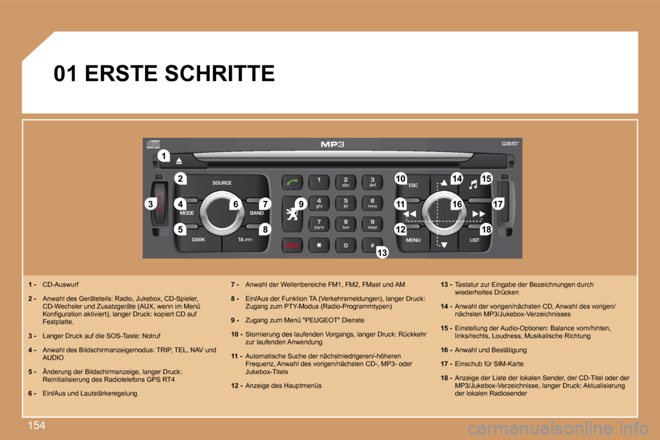 Peugeot 307 Break 2007  Betriebsanleitung (in German) �1�5�4
�S
�O �S
�S�O�U�R�C�E
�M�O�D�E �B�A�N�D �E�S�C
�2
�a�b�c
�5
�j�k�l
�8
�t�u�v �3
�d�e�f
�6
�m�n�o
�9
�w�x�y�z
�1 �4
�g�h�i
�7
�p�q�r�s
�0 �# �M�E�N�U �L�I�S�T
�T�A� 
�P�T�Y
�D�A�R�K
�2�2
�1�1
�5