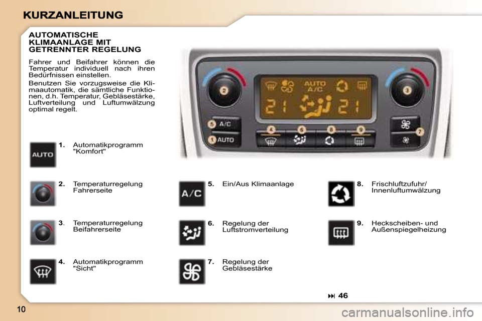 Peugeot 307 Break 2007  Betriebsanleitung (in German) �� �4�6
�1�.�  �A�u�t�o�m�a�t�i�k�p�r�o�g�r�a�m�m� �"�K�o�m�f�o�r�t�"
�A�U�T�O�M�A�T�I�S�C�H�E�  
�K�L�I�M�A�A�N�L�A�G�E� �M�I�T� 
�G�E�T�R�E�N�N�T�E�R� �R�E�G�E�L�U�N�G� 
�F�a�h�r�e�r�  �u�n�d�  �