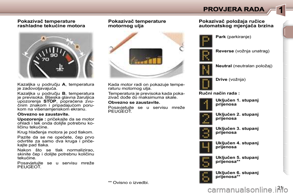 Peugeot 307 Break 2007  Vodič za korisnike (in Croatian) �2�1
�P�o�k�a�z�i�v�a�č� �t�e�m�p�e�r�a�t�u�r�e� �r�a�s�h�l�a�d�n�e� �t�e�k�u�ć�i�n�e� �m�o�t�o�r�a�P�o�k�a�z�i�v�a�č� �t�e�m�p�e�r�a�t�u�r�e� �m�o�t�o�r�n�o�g� �u�l�j�a
�K�a�z�a�l�j�k�a�  �u�  �p�