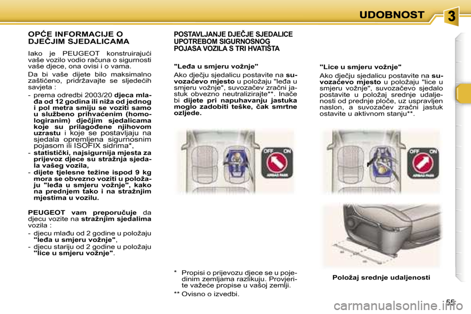 Peugeot 307 Break 2007  Vodič za korisnike (in Croatian) �5�5
�"�L�i�c�e� �u� �s�m�j�e�r�u� �v�o�ž�n�j�e�"
�A�k�o� �d�j�e�č�j�u� �s�j�e�d�a�l�i�c�u� �p�o�s�t�a�v�i�t�e� �n�a� �s�u�-�v�o�z�a�č�e�v�o�  �m�j�e�s�t�o�  �u�  �p�o�l�o�ž�a�j�u�  �"�l�i�c�e�  �