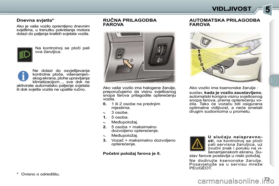 Peugeot 307 Break 2007  Vodič za korisnike (in Croatian) �7�3
�A�k�o� �v�a�š�e� �v�o�z�i�l�o� �i�m�a� �h�a�l�o�g�e�n�e� �ž�a�r�u�l�j�e�,� �p�r�e�p�o�r�u�č�u�j�e�m�o�  �d�a�  �v�i�s�i�n�u�  �s�v�j�e�t�l�o�s�n�o�g� �s�n�o�p�a�  �f�a�r�o�v�a�  �p�r�i�l�a�g�