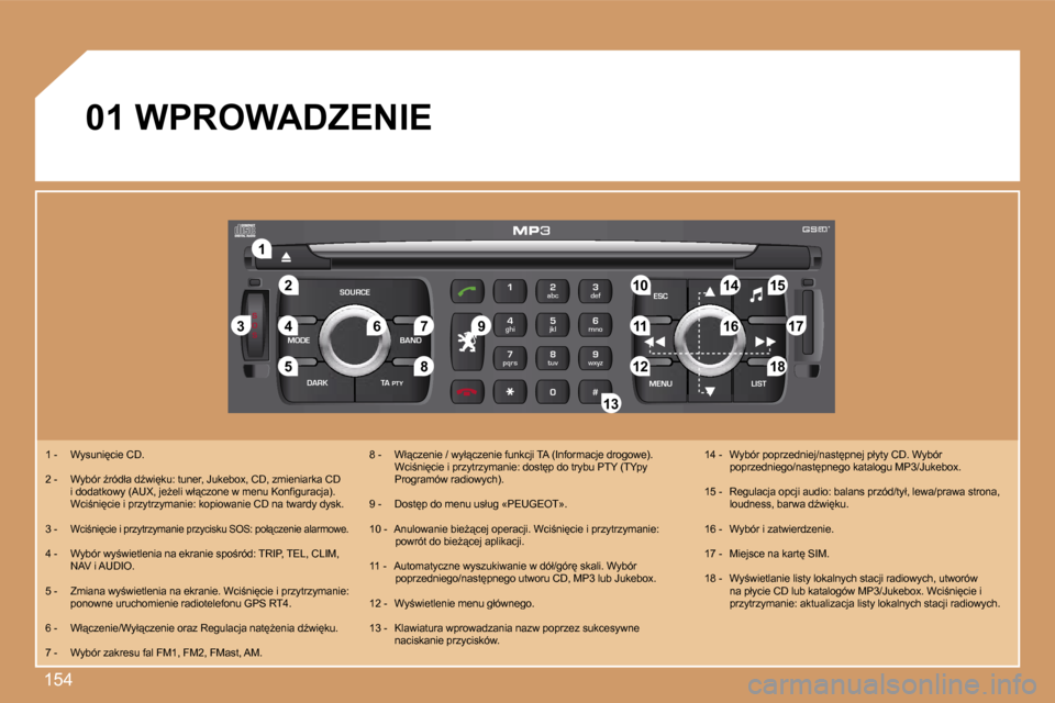 Peugeot 307 Break 2007  Instrukcja Obsługi (in Polish) �1�5�4
�S
�O �S
�S�O�U�R�C�E
�M�O�D�E �B�A�N�D �E�S�C
�2
�a�b�c
�5
�j�k�l
�8
�t�u�v �3
�d�e�f
�6
�m�n�o
�9
�w�x�y�z
�1 �4
�g�h�i
�7
�p�q�r�s
�0 �# �M�E�N�U �L�I�S�T
�T�A� 
�P�T�Y
�D�A�R�K
�2�2
�1�1
�5