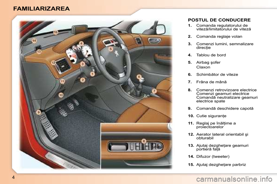 Peugeot 307 Break 2007  Manualul de utilizare (in Romanian) 4
FAMILIARIZAREA
POSTUL DE CONDUCERE
1. �C�o�m�a�n�d�a� �r�e�g�u�l�a�t�o�r�u�l�u�i� �d�e�  
�v�i�t�e�z �/�l�i�m�i�t�a�t�o�r�u�l�u�i� �d�e� �v�i�t�e�z 
2.  �C�o�m�a�n�d�a� �r�e�g�l�a�j�e� �v�o�l�a�n
