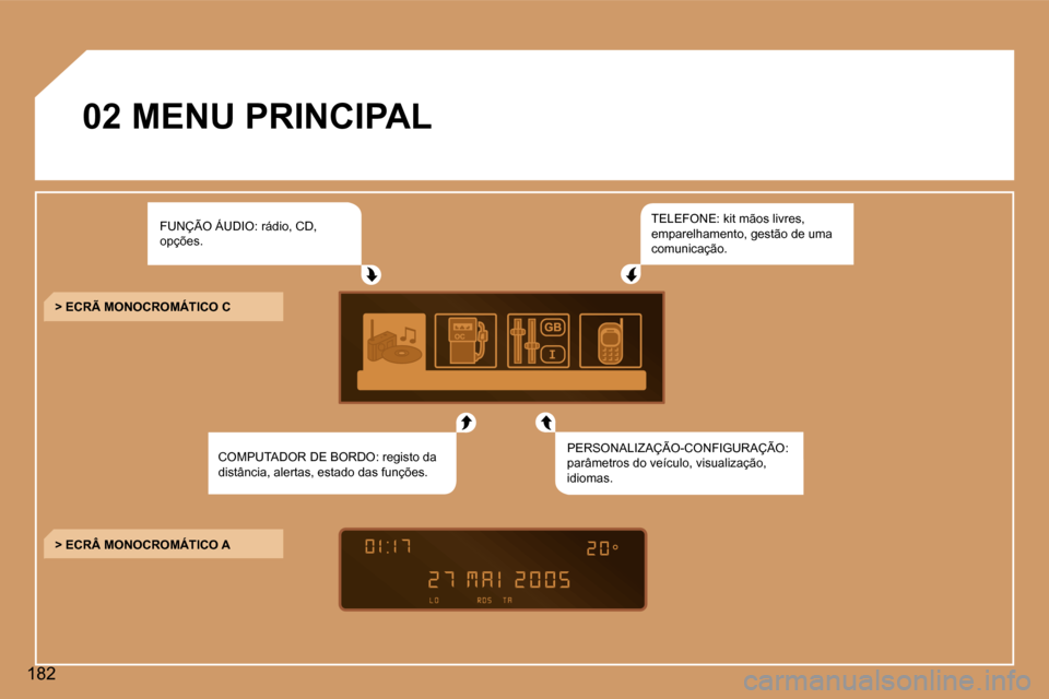 Peugeot 307 Break 2006  Manual do proprietário (in Portuguese) �1�8�2�0�2� �M�E�N�U� �P�R�I�N�C�I�P�A�L
�F�U�N�Ç�Ã�O� �Á�U�D�I�O�:� �r�á�d�i�o�,� �C�D�,�  
�o�p�ç�õ�e�s�. �T�E�L�E�F�O�N�E�:� �k�i�t� �m�ã�o�s� �l�i�v�r�e�s�,� 
�e�m�p�a�r�e�l�h�a�m�e�n�t�o�,