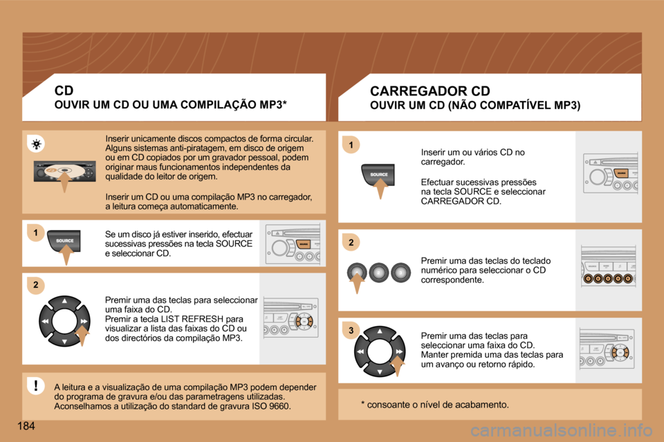 Peugeot 307 Break 2006  Manual do proprietário (in Portuguese) �1 
�2 
�3
�1 
�2
�1�8�4
�C�A�R�R�E�G�A�D�O�R� �C�D
�O�U�V�I�R� �U�M� �C�D� �(�N�Ã�O� �C�O�M�P�A�T�Í�V�E�L� �M�P�3�)
�I�n�s�e�r�i�r� �u�m� �o�u� �v�á�r�i�o�s� �C�D� �n�o�  
�c�a�r�r�e�g�a�d�o�r�. 
