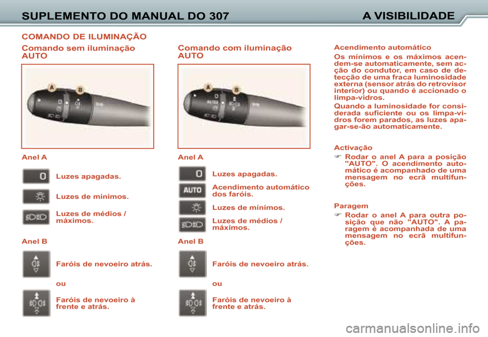 Peugeot 307 Break 2006  Manual do proprietário (in Portuguese) �C�O�M�A�N�D�O� �D�E� �I�L�U�M�I�N�A�Ç�Ã�O
�S�U�P�L�E�M�E�N�T�O� �D�O� �M�A�N�U�A�L� �D�O� �3�0�7�A� �V�I�S�I�B�I�L�I�D�A�D�E
�C�o�m�a�n�d�o� �c�o�m� �i�l�u�m�i�n�a�ç�ã�o�  
�A�U�T�O
�C�o�m�a�n�d�