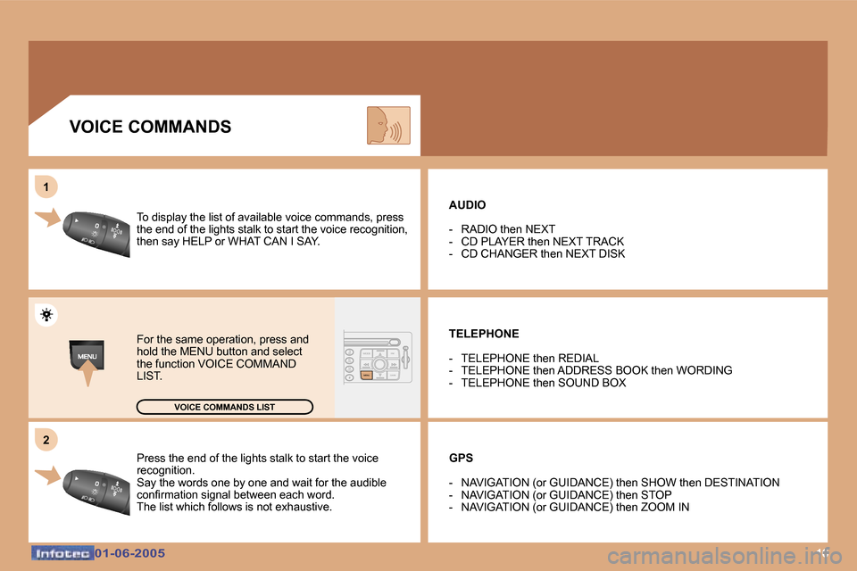 Peugeot 307 Break 2005  Owners Manual �1�6�0�1�-�0�6�-�2�0�0�5�0�1�-�0�6�-�2�0�0�5
�P�r�e�s�s� �t�h�e� �e�n�d� �o�f� �t�h�e� �l�i�g�h�t�s� �s�t�a�l�k� �t�o� �s�t�a�r�t� �t�h�e� �v�o�i�c�e
�r�e�c�o�g�n�i�t�i�o�n�. 
�S�a�y� �t�h�e� �w�o�r�d