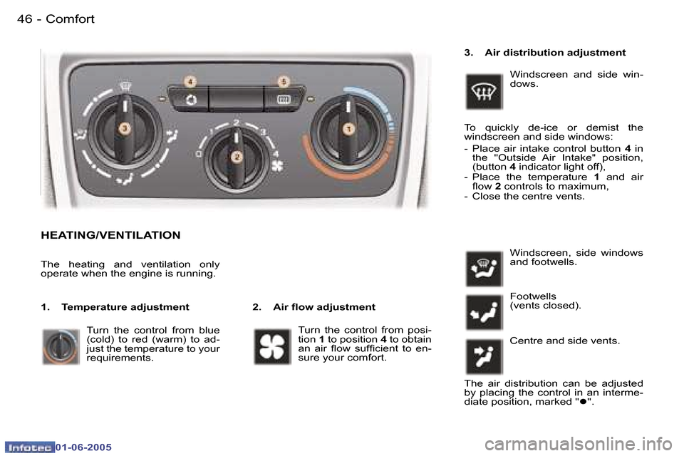 Peugeot 307 Break 2005 Service Manual �C�o�m�f�o�r�t�4�6 �-
�0�1�-�0�6�-�2�0�0�5
�4�7�C�o�m�f�o�r�t�-
�0�1�-�0�6�-�2�0�0�5
�H�E�A�T�I�N�G�/�V�E�N�T�I�L�A�T�I�O�N
�2�.�  �A�i�r� �l�o�w� �a�d�j�u�s�t�m�e�n�t
�T�h�e�  �h�e�a�t�i�n�g�  �a�n�d