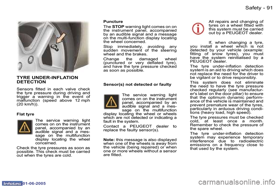 Peugeot 307 Break 2005 Owners Manual �S�a�f�e�t�y�9�0 �-
�0�1�-�0�6�-�2�0�0�5
�9�1�S�a�f�e�t�y�-
�0�1�-�0�6�-�2�0�0�5
�T�Y�R�E� �U�N�D�E�R�-�I�N�F�L�A�T�I�O�N�  
�D�E�T�E�C�T�I�O�N
�S�e�n�s�o�r�s�  �i�t�t�e�d�  �i�n�  �e�a�c�h�  �v�a�l�v