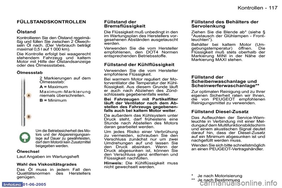 Peugeot 307 Break 2005  Betriebsanleitung (in German) �K�o�n�t�r�o�l�l�e�n�1�1�6 �-
�0�1�-�0�6�-�2�0�0�5
�1�1�7�K�o�n�t�r�o�l�l�e�n�-
�0�1�-�0�6�-�2�0�0�5
�F�Ü�L�L�S�T�A�N�D�S�K�O�N�T�R�O�L�L�E�N
�2�  �M�a�r�k�i�e�r�u�n�g�e�n�  �a�u�f�  �d�e�m�  
�Ö�l�
