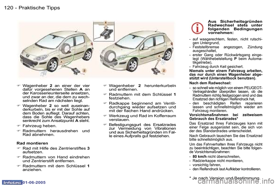 Peugeot 307 Break 2005  Betriebsanleitung (in German) �1�2�0 �-
�0�1�-�0�6�-�2�0�0�5
�1�2�1
�-
�0�1�-�0�6�-�2�0�0�5
�F
�  �W�a�g�e�n�h�e�b�e�r�  �2�  �a�n�  �e�i�n�e�r�  �d�e�r�  �v�i�e�r� 
�d�a�f�ü�r�  �v�o�r�g�e�s�e�h�e�n�e�n�  �S�t�e�l�l�e�n�  �A�  �