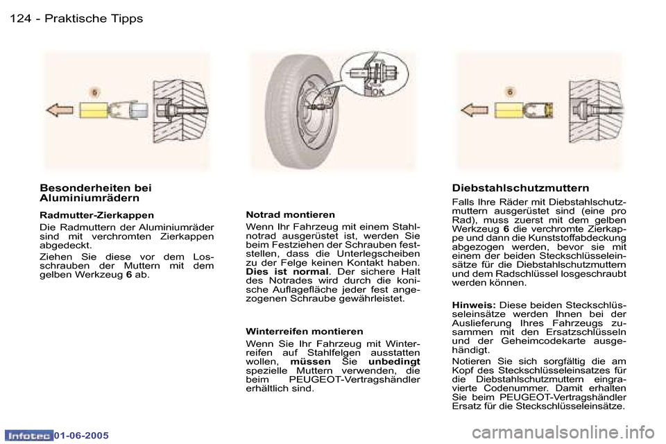Peugeot 307 Break 2005  Betriebsanleitung (in German) �1�2�4 �-
�0�1�-�0�6�-�2�0�0�5
�1�2�5
�-
�0�1�-�0�6�-�2�0�0�5
�B�e�s�o�n�d�e�r�h�e�i�t�e�n� �b�e�i�  
�A�l�u�m�i�n�i�u�m�r�ä�d�e�r�n
�R�a�d�m�u�t�t�e�r�-�Z�i�e�r�k�a�p�p�e�n 
�D�i�e�  �R�a�d�m�u�t�t�