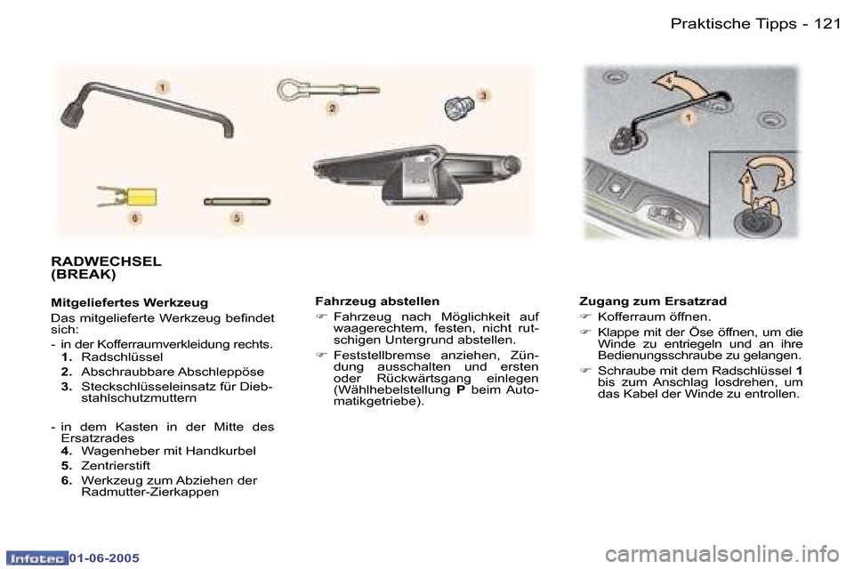 Peugeot 307 Break 2005  Betriebsanleitung (in German) �1�2�0 �-
�0�1�-�0�6�-�2�0�0�5
�1�2�1
�-
�0�1�-�0�6�-�2�0�0�5
�F�a�h�r�z�e�u�g� �a�b�s�t�e�l�l�e�n�  
�F
�  �F�a�h�r�z�e�u�g�  �n�a�c�h�  �M�ö�g�l�i�c�h�k�e�i�t�  �a�u�f� 
�w�a�a�g�e�r�e�c�h�t�e�m�,�