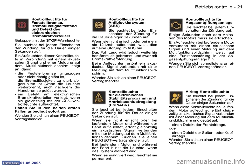 Peugeot 307 Break 2005  Betriebsanleitung (in German) �B�e�t�r�i�e�b�s�k�o�n�t�r�o�l�l�e�2�0 �-
�0�1�-�0�6�-�2�0�0�5
�2�1�B�e�t�r�i�e�b�s�k�o�n�t�r�o�l�l�e�-
�0�1�-�0�6�-�2�0�0�5
�K�o�n�t�r�o�l�l�l�e�u�c�h�t�e�  
�f�ü�r� �e�l�e�k�t�r�o�n�i�s�c�h�e�s� 
�