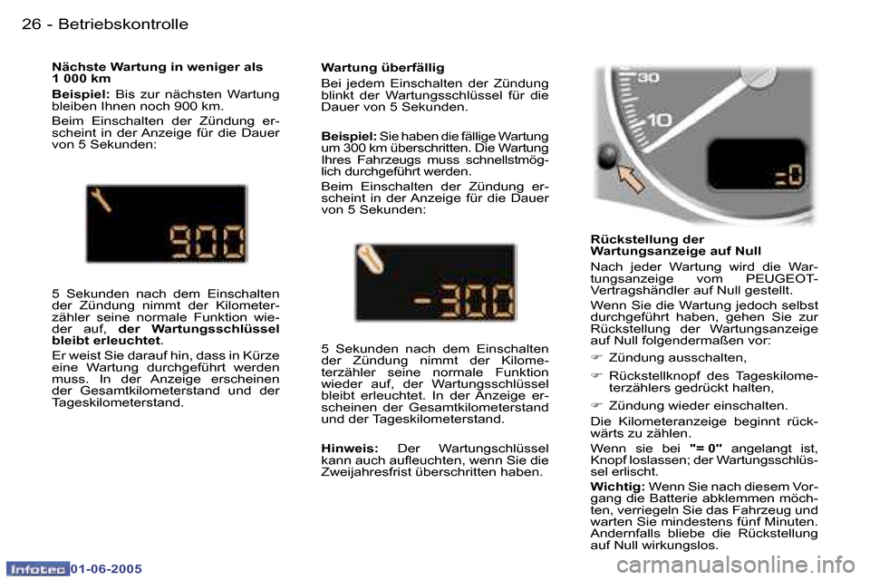 Peugeot 307 Break 2005  Betriebsanleitung (in German) �B�e�t�r�i�e�b�s�k�o�n�t�r�o�l�l�e�2�6 �-
�0�1�-�0�6�-�2�0�0�5
�2�7�B�e�t�r�i�e�b�s�k�o�n�t�r�o�l�l�e�-
�0�1�-�0�6�-�2�0�0�5
�R�ü�c�k�s�t�e�l�l�u�n�g� �d�e�r�  
�W�a�r�t�u�n�g�s�a�n�z�e�i�g�e� �a�u�f