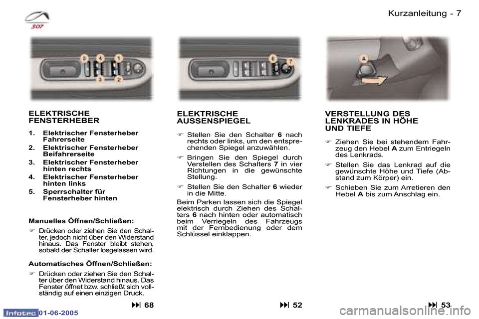 Peugeot 307 Break 2005  Betriebsanleitung (in German) �6 �-
�0�1�-�0�6�-�2�0�0�5
�7
�-
�0�1�-�0�6�-�2�0�0�5
�K�u�r�z�a�n�l�e�i�t�u�n�g
�E�L�E�K�T�R�I�S�C�H�E�  
�A�U�S�S�E�N�S�P�I�E�G�E�L� 
�F �  �S�t�e�l�l�e�n�  �S�i�e�  �d�e�n�  �S�c�h�a�l�t�e�r�  �6� 