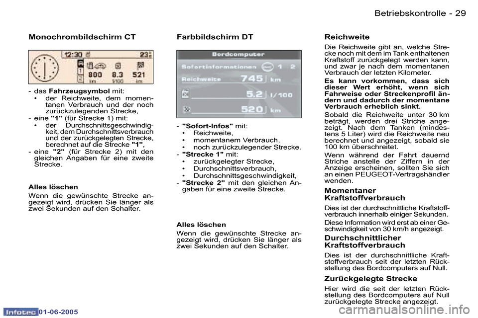 Peugeot 307 Break 2005  Betriebsanleitung (in German) �B�e�t�r�i�e�b�s�k�o�n�t�r�o�l�l�e�2�8 �-
�0�1�-�0�6�-�2�0�0�5
�2�9�B�e�t�r�i�e�b�s�k�o�n�t�r�o�l�l�e�-
�0�1�-�0�6�-�2�0�0�5
�F�a�r�b�b�i�l�d�s�c�h�i�r�m� �D�T
�-� �"�S�o�f�o�r�t�-�I�n�f�o�s�"�  �m�i�