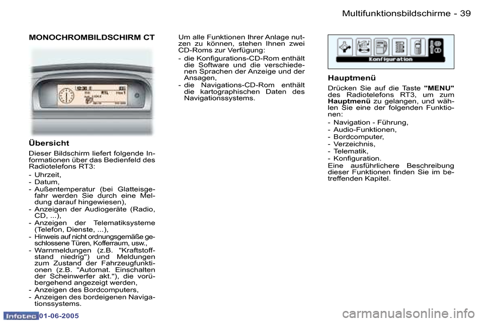 Peugeot 307 Break 2005  Betriebsanleitung (in German) �3�8 �-
�0�1�-�0�6�-�2�0�0�5
�3�9
�-
�0�1�-�0�6�-�2�0�0�5
�M�O�N�O�C�H�R�O�M�B�I�L�D�S�C�H�I�R�M� �C�T
�Ü�b�e�r�s�i�c�h�t 
�D�i�e�s�e�r� �B�i�l�d�s�c�h�i�r�m� �l�i�e�f�e�r�t� �f�o�l�g�e�n�d�e� �I�n�-