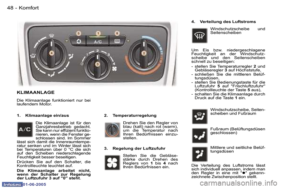 Peugeot 307 Break 2005  Betriebsanleitung (in German) �4�8 �-
�0�1�-�0�6�-�2�0�0�5
�4�9
�-
�0�1�-�0�6�-�2�0�0�5
�K�L�I�M�A�A�N�L�A�G�E
�2�.�  �T�e�m�p�e�r�a�t�u�r�r�e�g�e�l�u�n�g� 
�1�.�  �K�l�i�m�a�a�n�l�a�g�e� �e�i�n�/�a�u�s
�D�r�e�h�e�n� �S�i�e� �d�e�