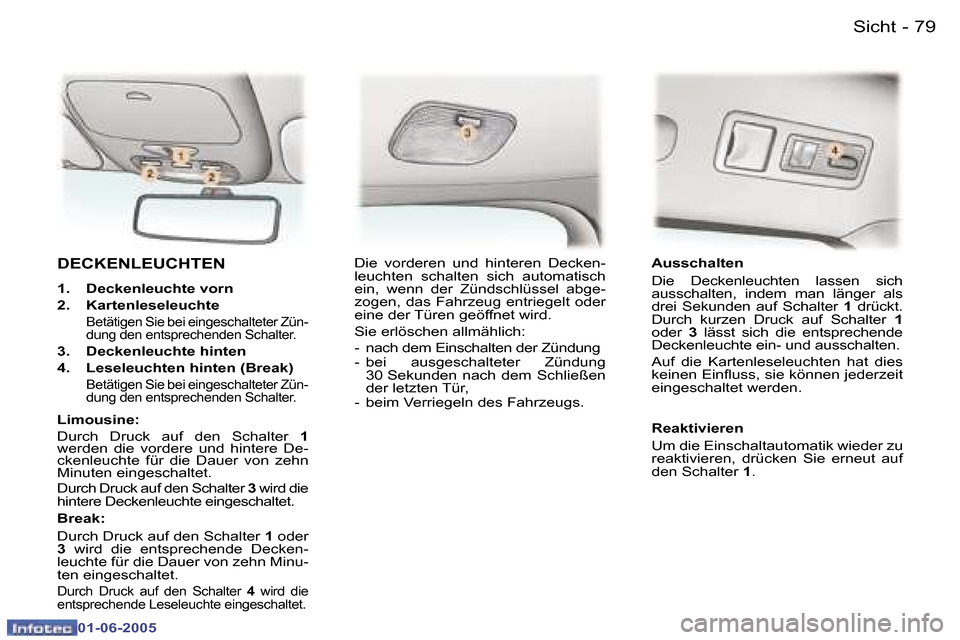 Peugeot 307 Break 2005  Betriebsanleitung (in German) �7�8 �-
�0�1�-�0�6�-�2�0�0�5
�7�9
�-
�0�1�-�0�6�-�2�0�0�5
�D�E�C�K�E�N�L�E�U�C�H�T�E�N
�1�.�  �D�e�c�k�e�n�l�e�u�c�h�t�e� �v�o�r�n 
�2�.�  �K�a�r�t�e�n�l�e�s�e�l�e�u�c�h�t�e� 
� 
�B�e�t�ä�t�i�g�e�n� 