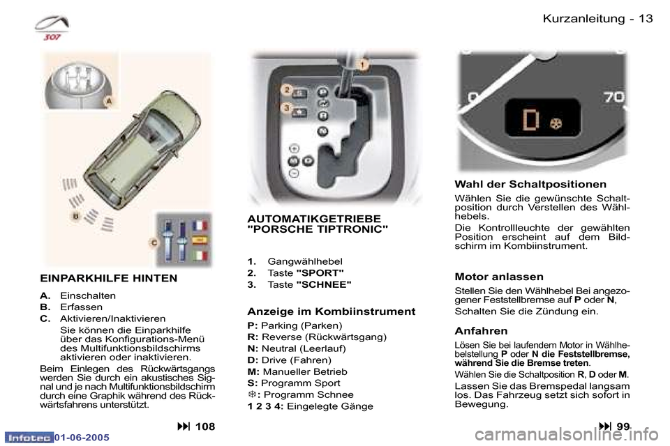 Peugeot 307 Break 2005  Betriebsanleitung (in German) �1�2 �-
�0�1�-�0�6�-�2�0�0�5
�1�3
�-
�0�1�-�0�6�-�2�0�0�5
�K�u�r�z�a�n�l�e�i�t�u�n�g
�A�U�T�O�M�A�T�I�K�G�E�T�R�I�E�B�E�  
�"�P�O�R�S�C�H�E� �T�I�P�T�R�O�N�I�C�"
�1�. �  �G�a�n�g�w�ä�h�l�h�e�b�e�l� 
