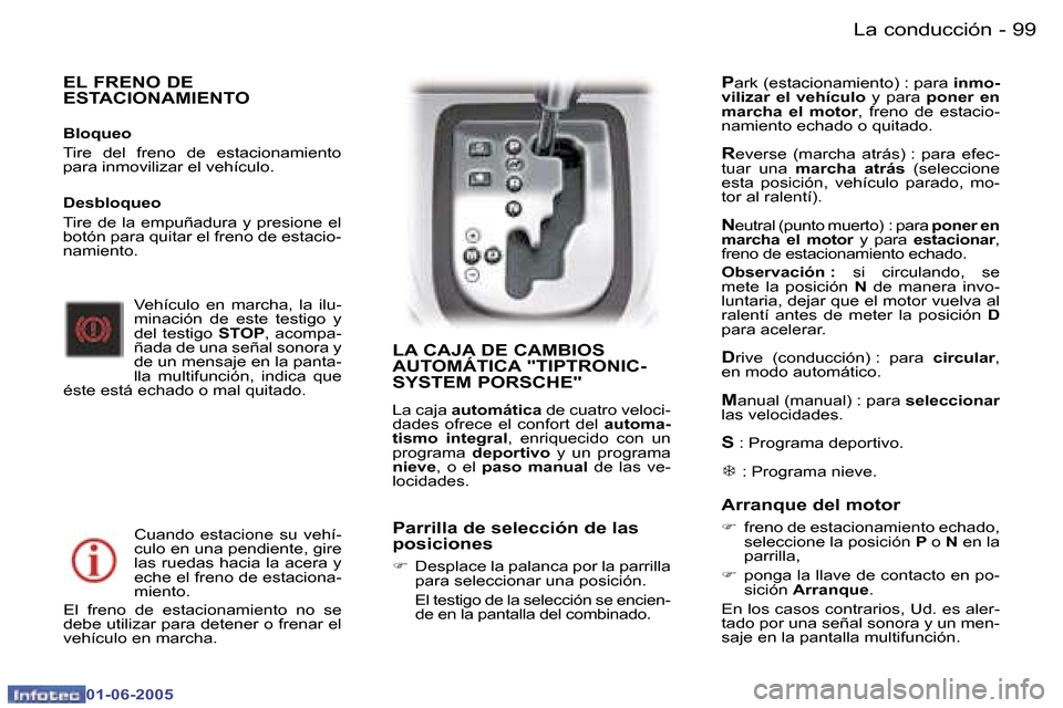 Peugeot 307 Break 2005  Manual del propietario (in Spanish) �9�9�L�a� �c�o�n�d�u�c�c�i�ó�n�-
�0�1�-�0�6�-�2�0�0�5
�E�L� �F�R�E�N�O� �D�E�  
�E�S�T�A�C�I�O�N�A�M�I�E�N�T�O
�B�l�o�q�u�e�o 
�T�i�r�e�  �d�e�l�  �f�r�e�n�o�  �d�e�  �e�s�t�a�c�i�o�n�a�m�i�e�n�t�o� 