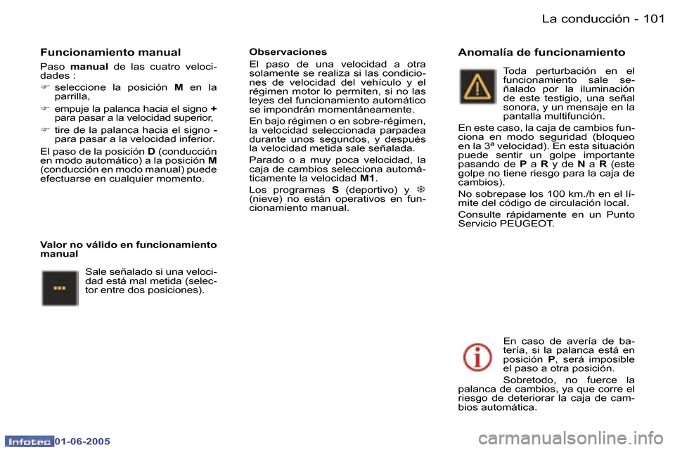 Peugeot 307 Break 2005  Manual del propietario (in Spanish) �L�a� �c�o�n�d�u�c�c�i�ó�n�1�0�0 �-
�0�1�-�0�6�-�2�0�0�5
�1�0�1�L�a� �c�o�n�d�u�c�c�i�ó�n�-
�0�1�-�0�6�-�2�0�0�5
�F�u�n�c�i�o�n�a�m�i�e�n�t�o� �m�a�n�u�a�l
�P�a�s�o� �m�a�n�u�a�l�  �d�e�  �l�a�s�  �