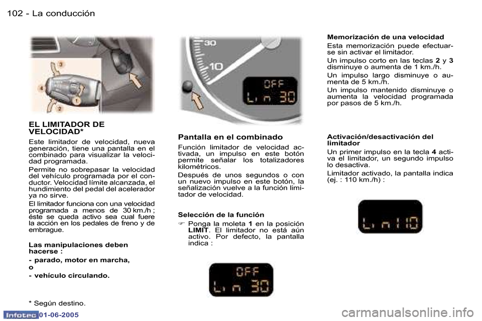 Peugeot 307 Break 2005  Manual del propietario (in Spanish) �L�a� �c�o�n�d�u�c�c�i�ó�n�1�0�2 �-
�0�1�-�0�6�-�2�0�0�5
�1�0�3�L�a� �c�o�n�d�u�c�c�i�ó�n�-
�0�1�-�0�6�-�2�0�0�5
�E�L� �L�I�M�I�T�A�D�O�R� �D�E�  
�V�E�L�O�C�I�D�A�D�* 
�E�s�t�e�  �l�i�m�i�t�a�d�o�r