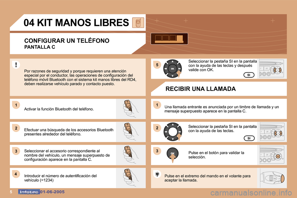 Peugeot 307 Break 2005  Manual del propietario (in Spanish) �5�0�1�-�0�6�-�2�0�0�5�0�1�-�0�6�-�2�0�0�5
�0�4� �K�I�T� �M�A�N�O�S� �L�I�B�R�E�S�C�O�N�F�I�G�U�R�A�R� �U�N� �T�E�L�É�F�O�N�O 
�P�A�N�T�A�L�L�A� �C
�P�o�r� �r�a�z�o�n�e�s� �d�e� �s�e�g�u�r�i�d�a�d� �