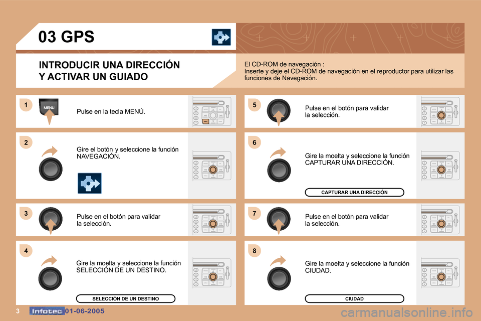 Peugeot 307 Break 2005  Manual del propietario (in Spanish) �3�0�1�-�0�6�-�2�0�0�5�0�1�-�0�6�-�2�0�0�5
�0�3� �G�P�S�I�N�T�R�O�D�U�C�I�R� �U�N�A� �D�I�R�E�C�C�I�Ó�N�  
�Y� �A�C�T�I�V�A�R� �U�N� �G�U�I�A�D�O
�P�u�l�s�e� �e�n� �l�a� �t�e�c�l�a� �M�E�N�Ú�. 
�G�i
