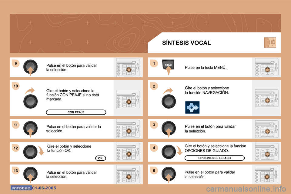 Peugeot 307 Break 2005  Manual del propietario (in Spanish) �6�0�1�-�0�6�-�2�0�0�5�0�1�-�0�6�-�2�0�0�5
�P�u�l�s�e� �e�n� �e�l� �b�o�t�ó�n� �p�a�r�a� �v�a�l�i�d�a�r�  
�l�a� �s�e�l�e�c�c�i�ó�n�. 
�P�u�l�s�e� �e�n� �e�l� �b�o�t�ó�n� �p�a�r�a� �v�a�l�i�d�a�r� 