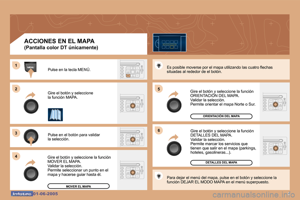Peugeot 307 Break 2005  Manual del propietario (in Spanish) �8�0�1�-�0�6�-�2�0�0�5�0�1�-�0�6�-�2�0�0�5
�P�u�l�s�e� �e�n� �l�a� �t�e�c�l�a� �M�E�N�Ú�. 
�G�i�r�e� �e�l� �b�o�t�ó�n� �y� �s�e�l�e�c�c�i�o�n�e�  
�l�a� �f�u�n�c�i�ó�n� �M�A�P�A�. 
�P�u�l�s�e� �e�n