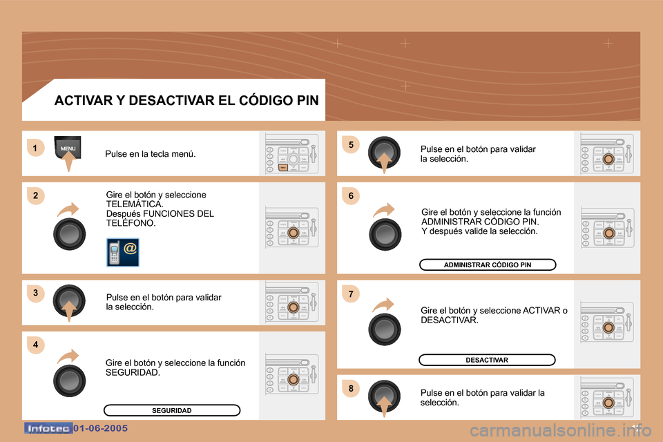 Peugeot 307 Break 2005  Manual del propietario (in Spanish) �1�2�0�1�-�0�6�-�2�0�0�5�0�1�-�0�6�-�2�0�0�5
�P�u�l�s�e� �e�n� �l�a� �t�e�c�l�a� �m�e�n�ú�.�G�i�r�e� �e�l� �b�o�t�ó�n� �y� �s�e�l�e�c�c�i�o�n�e�  
�T�E�L�E�M�Á�T�I�C�A�.
�D�e�s�p�u�é�s� �F�U�N�C�I