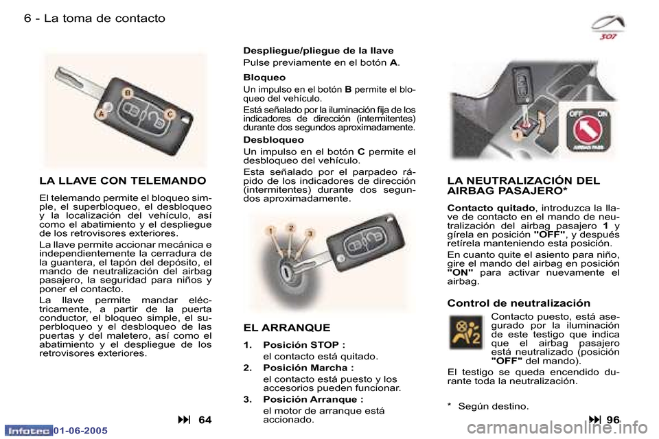 Peugeot 307 Break 2005  Manual del propietario (in Spanish) �6 �-
�0�1�-�0�6�-�2�0�0�5
�7
�-
�0�1�-�0�6�-�2�0�0�5
�L�a� �t�o�m�a� �d�e� �c�o�n�t�a�c�t�o
�L�A� �L�L�A�V�E� �C�O�N� �T�E�L�E�M�A�N�D�O
�E�l� �t�e�l�e�m�a�n�d�o� �p�e�r�m�i�t�e� �e�l� �b�l�o�q�u�e�o