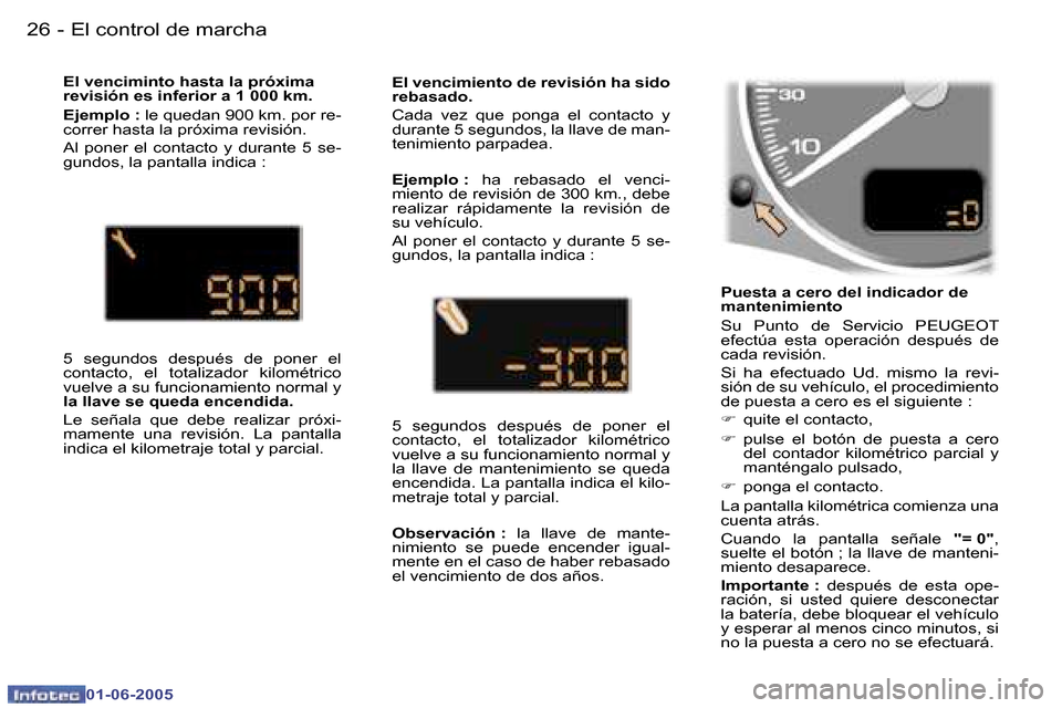 Peugeot 307 Break 2005  Manual del propietario (in Spanish) �2�6 �-
�0�1�-�0�6�-�2�0�0�5
�2�7
�-
�0�1�-�0�6�-�2�0�0�5
�P�u�e�s�t�a� �a� �c�e�r�o� �d�e�l� �i�n�d�i�c�a�d�o�r� �d�e�  
�m�a�n�t�e�n�i�m�i�e�n�t�o 
�S�u�  �P�u�n�t�o�  �d�e�  �S�e�r�v�i�c�i�o�  �P�E
