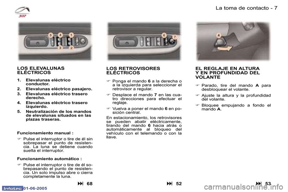 Peugeot 307 Break 2005  Manual del propietario (in Spanish) �6 �-
�0�1�-�0�6�-�2�0�0�5
�7
�-
�0�1�-�0�6�-�2�0�0�5
�L�a� �t�o�m�a� �d�e� �c�o�n�t�a�c�t�o
�L�O�S� �R�E�T�R�O�V�I�S�O�R�E�S�  
�E�L�É�C�T�R�I�C�O�S
�F �  �P�o�n�g�a� �e�l� �m�a�n�d�o�  �6� �a� �l�a