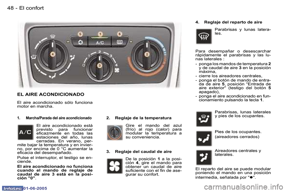 Peugeot 307 Break 2005  Manual del propietario (in Spanish) �4�8 �-
�0�1�-�0�6�-�2�0�0�5
�4�9
�-
�0�1�-�0�6�-�2�0�0�5
�E�L� �A�I�R�E� �A�C�O�N�D�I�C�I�O�N�A�D�O
�2�.�  �R�e�g�l�a�j�e� �d�e� �l�a� �t�e�m�p�e�r�a�t�u�r�a� �1�.�  �M�a�r�c�h�a�/�P�a�r�a�d�a� �d�e�